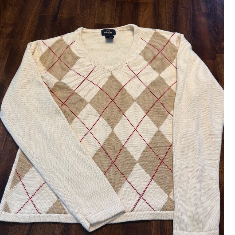 Vintage Brooks Brothers 346 Women XL Argyle Sweater 100% Cotton Made Hong Kong